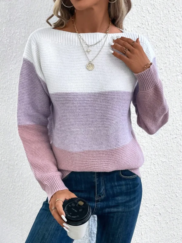 Elegant Three-color Patchwork Sweater Women Daily Commuter Casual Loose Jumpers Female Autumn Winter Knitted Thickened Warm Tops - Image 5