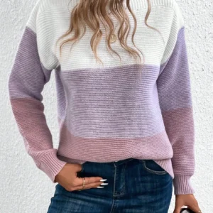 Elegant Three-color Patchwork Sweater Women Daily Commuter Casual Loose Jumpers Female Autumn Winter Knitted Thickened Warm Tops