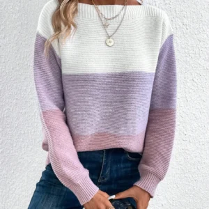 Elegant Three-color Patchwork Sweater Women Daily Commuter Casual Loose Jumpers Female Autumn Winter Knitted Thickened Warm Tops