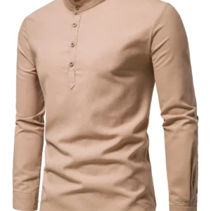 Spring and autumn men's pure cotton solid color shirts, elegant long-sleeved stand-up collar shirts, slim-fit men's shirts