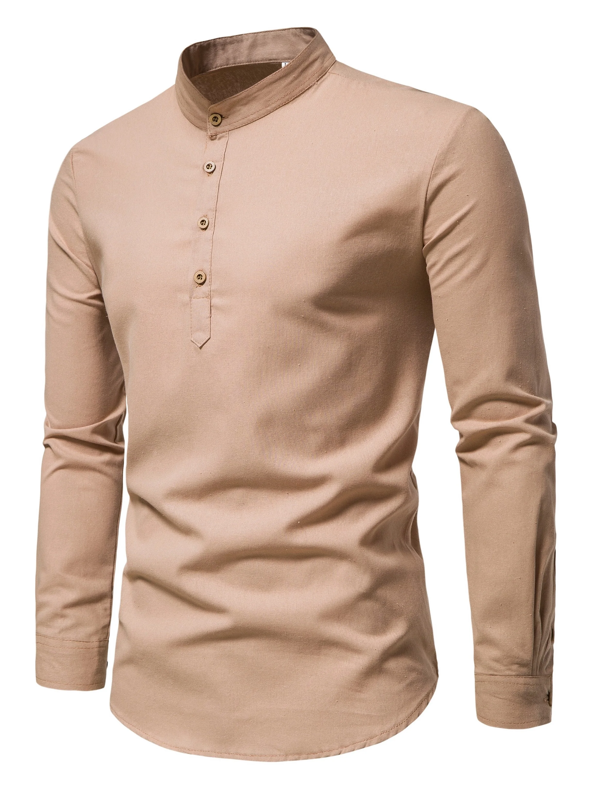 Spring and autumn men's pure cotton solid color shirts, elegant long-sleeved stand-up collar shirts, slim-fit men's shirts - Image 3