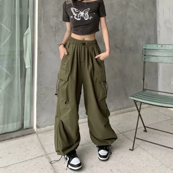 2024 Women Casual Joggers Tech Pants Solid Low Waist Pants Drawstring Wide Leg Baggy Trousers Y2k Streetwear Oversize Sweatpants - Image 2