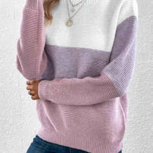 Elegant Three-color Patchwork Sweater Women Daily Commuter Casual Loose Jumpers Female Autumn Winter Knitted Thickened Warm Tops