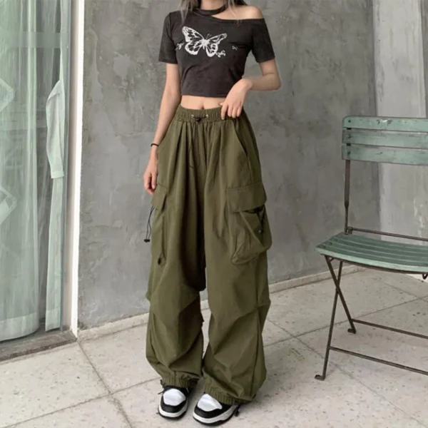 2024 Women Casual Joggers Tech Pants Solid Low Waist Pants Drawstring Wide Leg Baggy Trousers Y2k Streetwear Oversize Sweatpants - Image 3