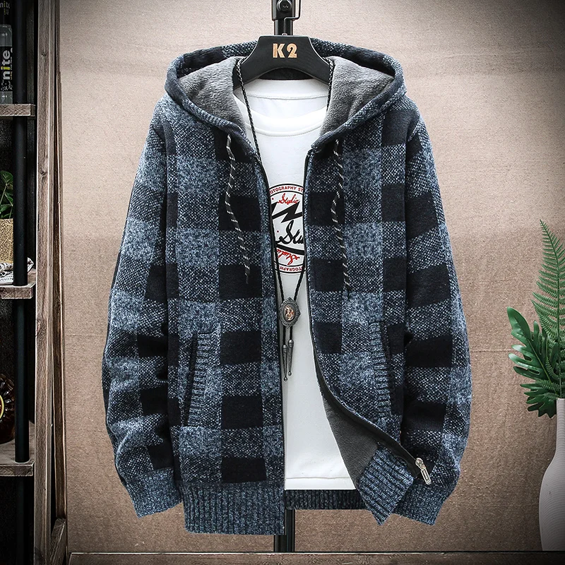 Men's New Winter Plaid Sweater Hooded Cardigan Cold Coat Wool Zipper Jacket Autumn Fleece Warm Clothes Checkered Knit Jumper - Image 5