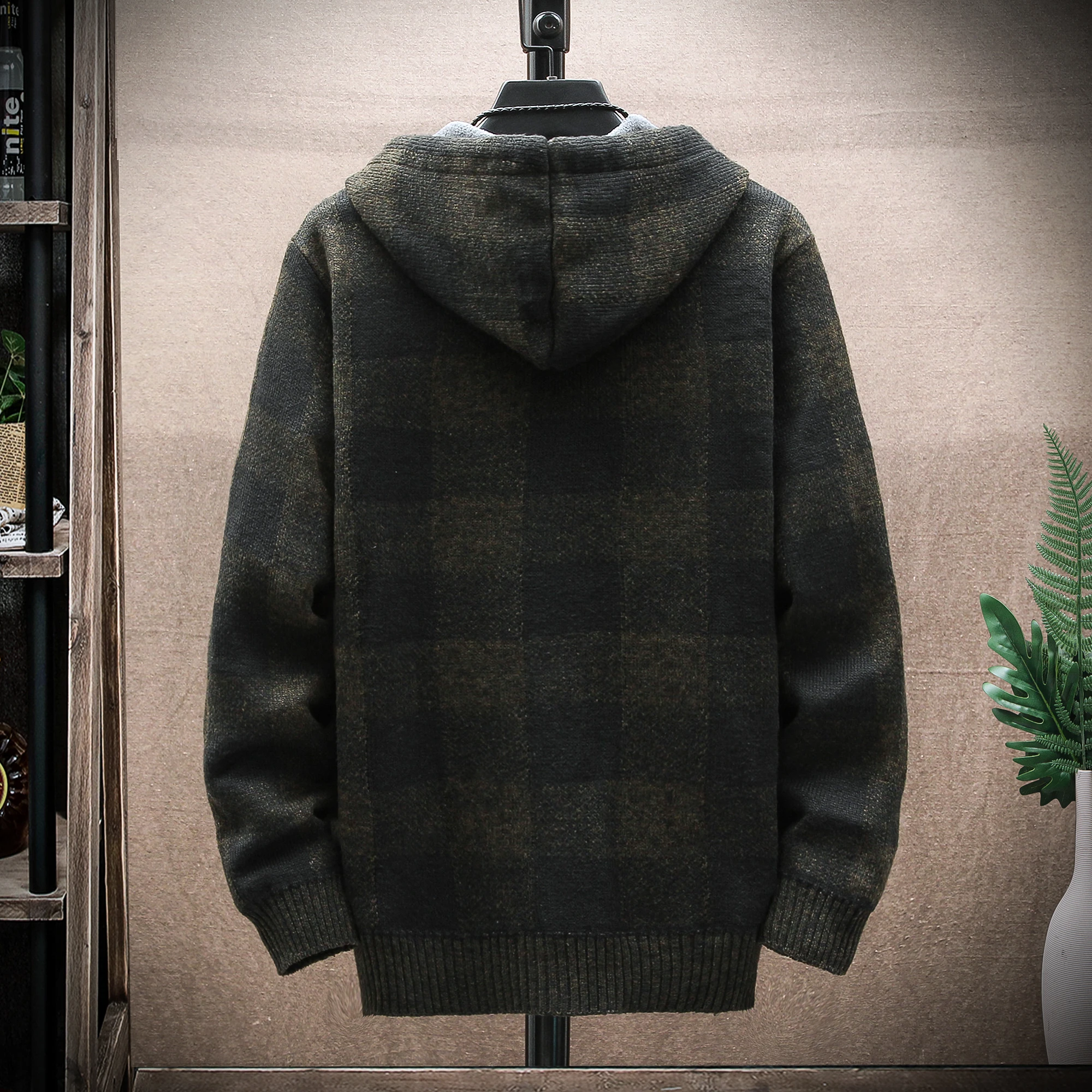Men's New Winter Plaid Sweater Hooded Cardigan Cold Coat Wool Zipper Jacket Autumn Fleece Warm Clothes Checkered Knit Jumper - Image 2