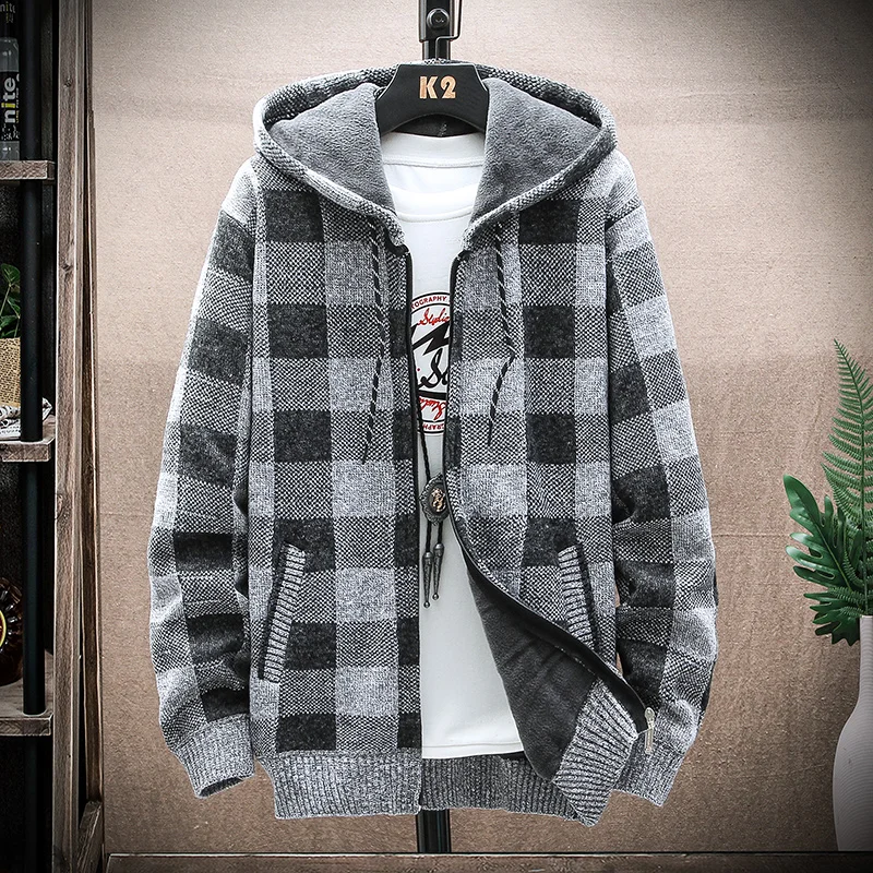 Men's New Winter Plaid Sweater Hooded Cardigan Cold Coat Wool Zipper Jacket Autumn Fleece Warm Clothes Checkered Knit Jumper - Image 3