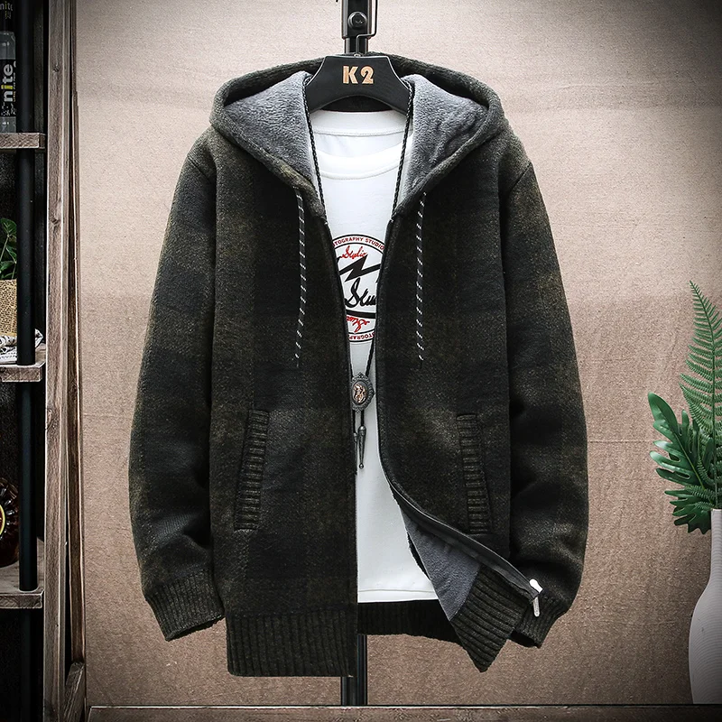 Men's New Winter Plaid Sweater Hooded Cardigan Cold Coat Wool Zipper Jacket Autumn Fleece Warm Clothes Checkered Knit Jumper - Image 4