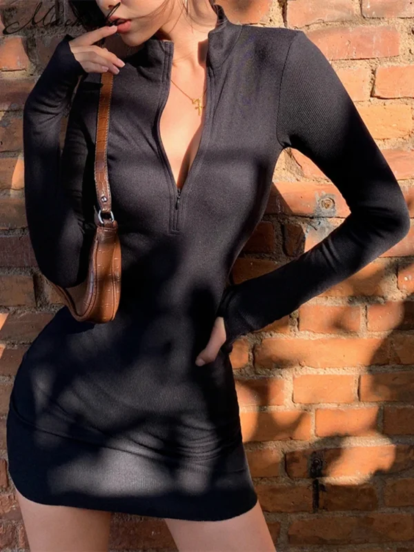 Macheda Elegant Autumn Winter Black Bodycon Dress Women 2022 Turtleneck Slim Ribbed Knitted Long Sleeve Mini Dress Vestido - Image 3