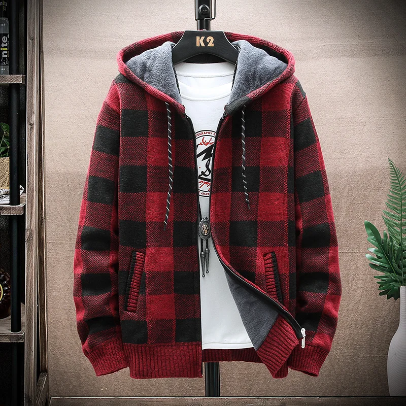 Men's New Winter Plaid Sweater Hooded Cardigan Cold Coat Wool Zipper Jacket Autumn Fleece Warm Clothes Checkered Knit Jumper - Image 6