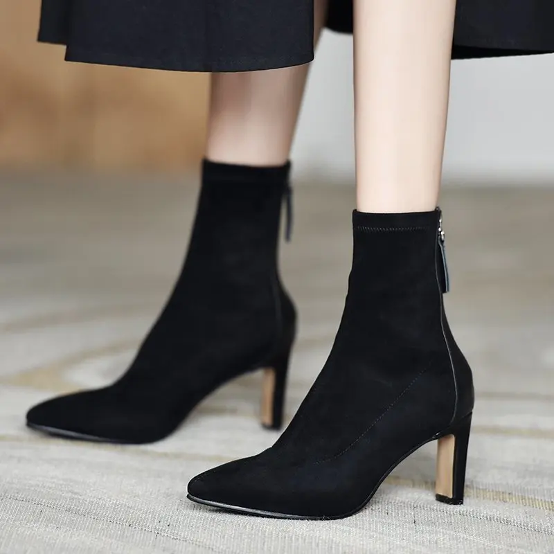 High Heel Boots Women's 2024 New Korean Style Autumn and Winter Mid Heel Stretch Thin Boots Pointed Toe Sock Boots Women - Image 5