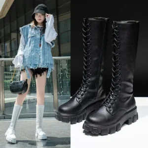Women's Mid Calf Boots Padded Shoes Knee High Winter Sneakers Punk Style Military Casual White Black 2023 Lucury Platform Woman