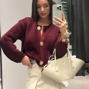 TRAFZA 2024 Female Casual Cardigan Sweater Coat 2 Pockets Wine Red Solid Metal Button Knitted Sweater Woman Autumn Trends Street