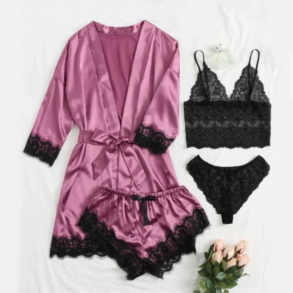 Black Sexy Women's Pajamas Satin 4-piece Lace Silk Suspender Tops Shorts Robe Pajamas Set Nightgown Underwear Nightdress Suit - Image 3