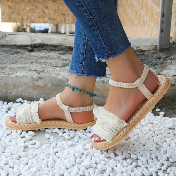 Women's fashion trend tassel shoelaces are non slip, wear-resistant, comfortable, soft soled flat heeled sandals - Image 3
