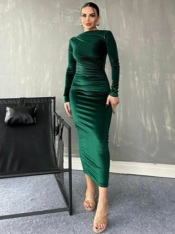 Dulzura 2024 Spring Summer Velvet Long Sleeve Midi Dress For Women Ruched Long Dress Elegant Party Clothes Evening Green Outfits - Image 2