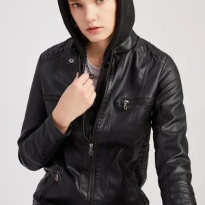 Faux Leather Jacket Women Motorcycle Coat for Biker with Removable Hood Plus Size