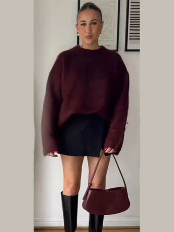 Vintage Burgundy Women Lace Up Wool Blend Long Coat Elegant Lapel Double Breasted Full Sleeve Overcoats Lady 2024 New Daily Wear - Image 5