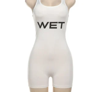 Weird Puss Letter Print Romper Women Low-Neck Sporty Casual Sleeveless Stretch Activity Skinny Playsuit Tight Short Overalls