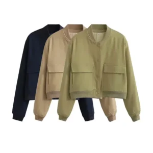 TRAF Women Fashion With Pockets Bomber Jacket Coats Vintage Long Sleeve Front Button Casual Female Outerwear Chic Tops