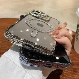 Clear Bling Crystal Phone Case For iPhone 15 16 14 11 12 13 Pro Max Plus For Magsafe Magnetic Wireless Charging Lens Film Cover