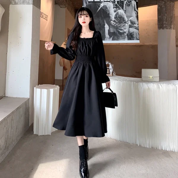 Women Black Folds Elegant Long Dress Retro Loose Sweet Square Collar Female Dress Spring Autumn All Match Casual Ladies Vestidos - Image 4