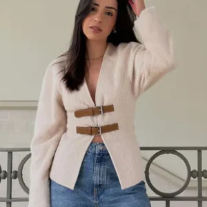 TRAFZA Retro Leather Buckle Woolen Coat Women Fashion Solid V Neck Long Sleeve Beige Jacket Autumn Spring Chic Female Streetwear