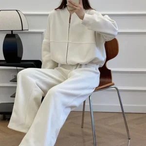 TRAFZA Women's 2-piece Retro Solid Color Zipper Bomber Jacket Sweatshirt + High-waisted Lace-up Women's Loose Velvet Pants Suit