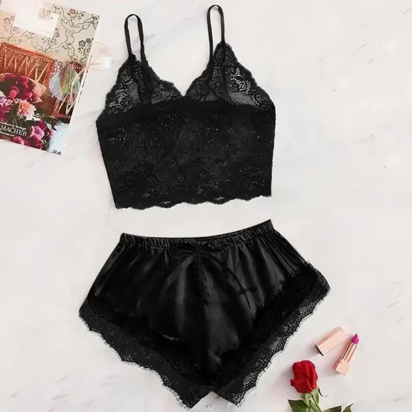 2024 Summer 2 Pcs Women's New Sexy Lace See-Through Pajamas Black Pink Cute Clothes Comfortable Breathable Suspender Shorts Set - Image 2