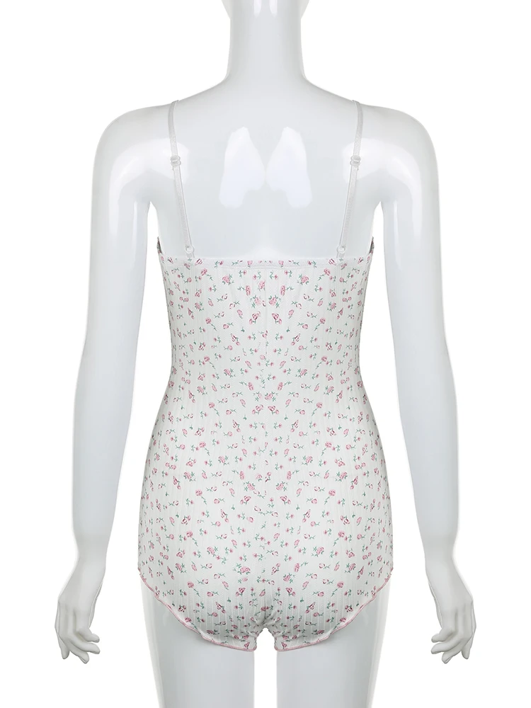 IAMSURE Sweet Floral Lace Trim Bodysuits Sexy Slim Cute Deep V-Neck Sleeveless Rompers Women 2023 Summer Fashion Underwear Lady - Image 6