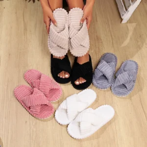 Solid Striped Women's Cotton Fabric Slippers Indoor Cross Strap Open Toe Flat Flip Flops Autumn Lightweight Comfort Slides