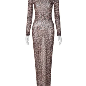 Hugcitar 2024 Leopard Print Mesh Long Sleeve Sexy Slim See Through Maxi Dress Fall Women Fashion Outfits Beach Vacation Club