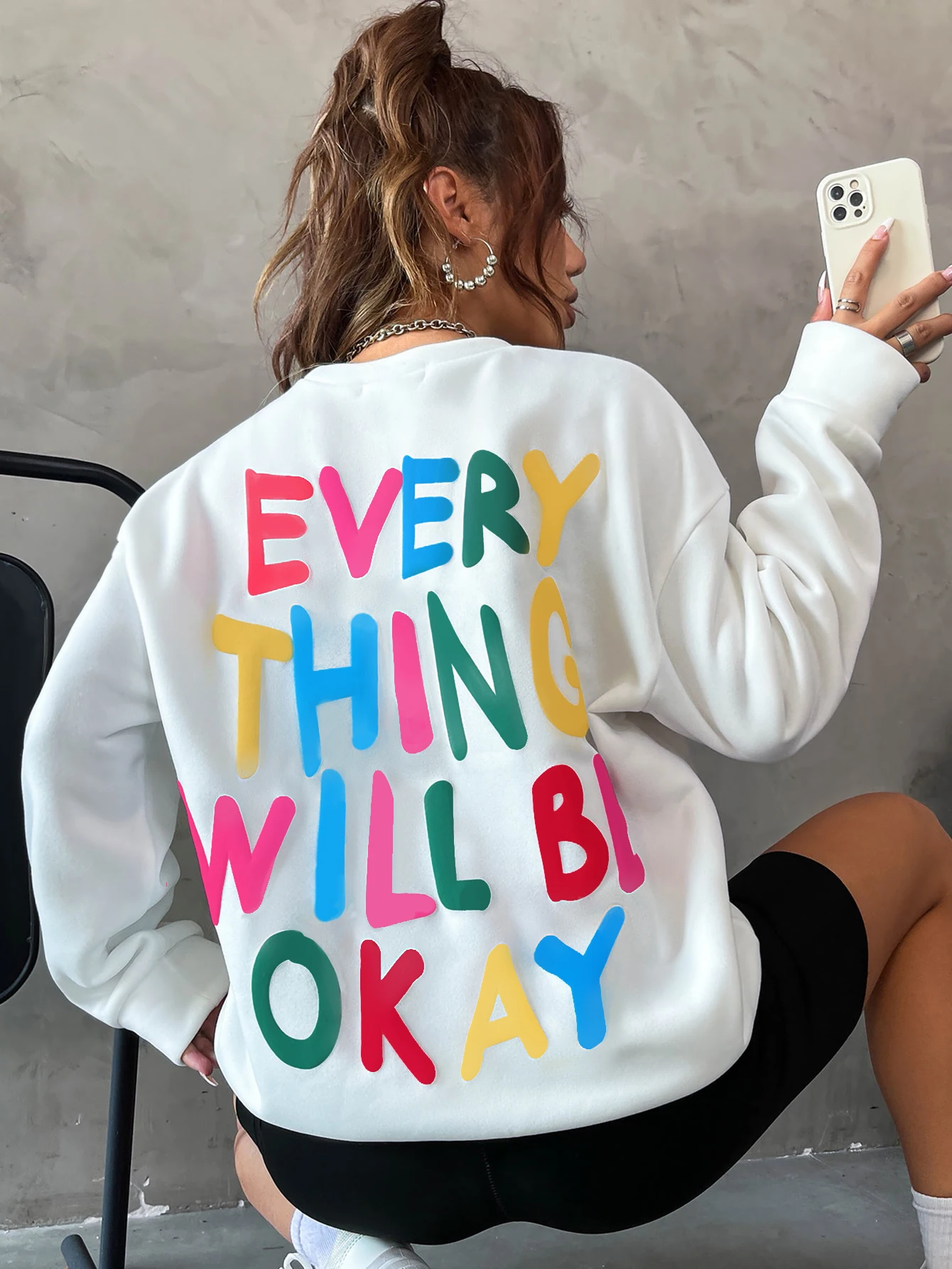 Fashion Womans Sweatshirt Everything Will Be Okay Letter Printed Pullover Loose Warm Crewneck Hoodies Casual Female Clothing - Image 3