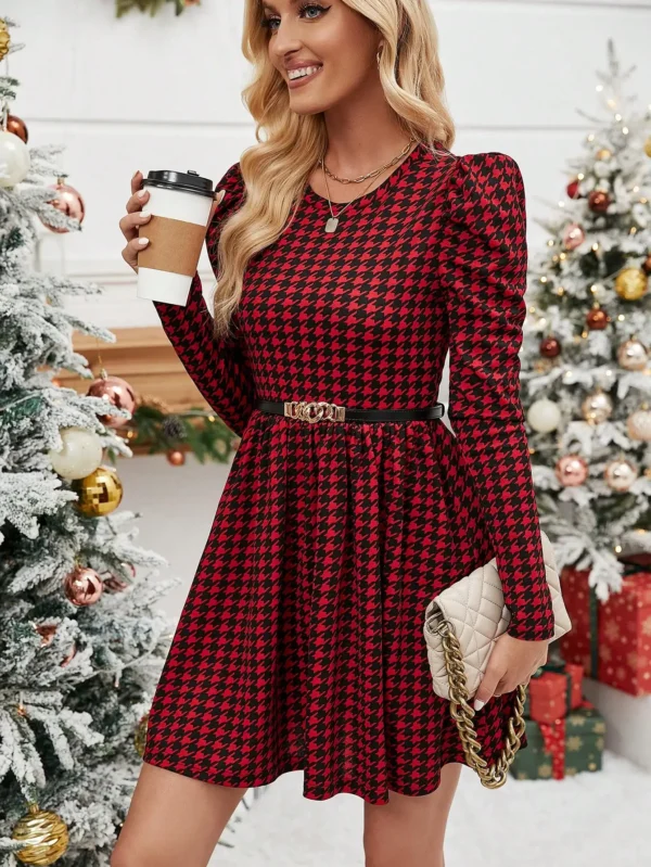 Special offer welfare 2024 new fashionable women's dress with long sleeves, slim fit, small round neck, elegant red and black pl - Image 4