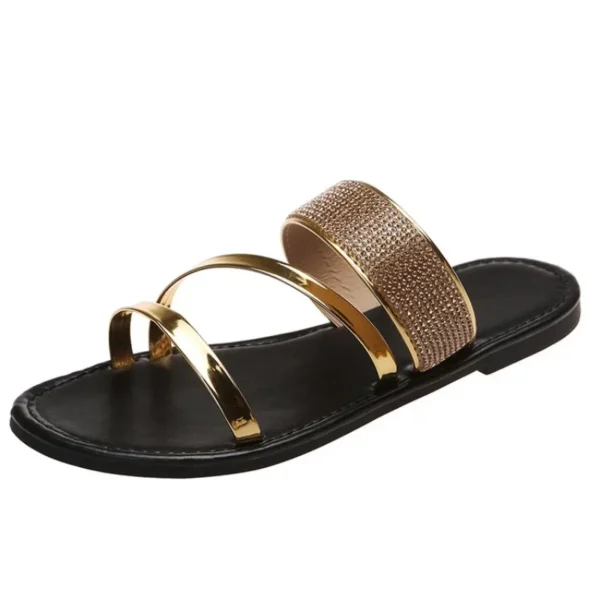 2024 Summer New Women's Fashion Gold Silver Patent Leather Flat Heel Sandals Bling Rhinestone Narrow Band Beach Casual Slippers - Image 3
