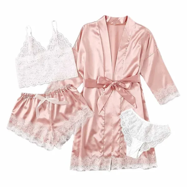 Black Sexy Women's Pajamas Satin 4-piece Lace Silk Suspender Tops Shorts Robe Pajamas Set Nightgown Underwear Nightdress Suit - Image 4