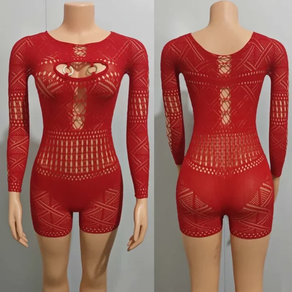 Women's Sexy Sheer Mesh Hollow Out Night Club Short Jumpsuit Rompers Long Sleeve Skinny Shorts Bodysuit One Piece Romper - Image 5
