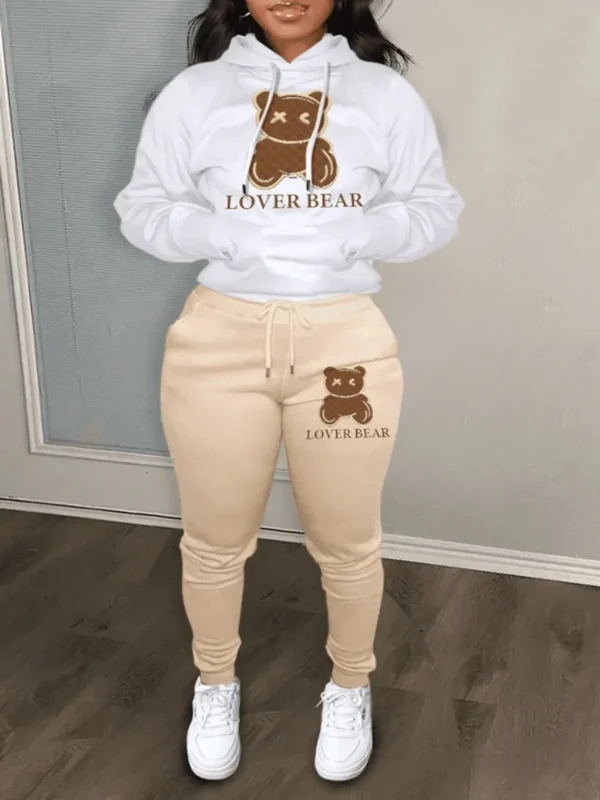 Cartoon Bear Print Two-Piece Set Drawstring Long Sleeve Hoodies & Work Out Jogger Pants Outfits Women Top Suits Clothes