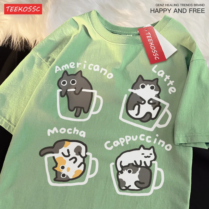 Cat Coffee Pure Cotton Trendy Summer Loose Short Sleeved T-shirt Men Women Original Mocha Latte Cat Three Flowers Fun Cat Tees - Image 3