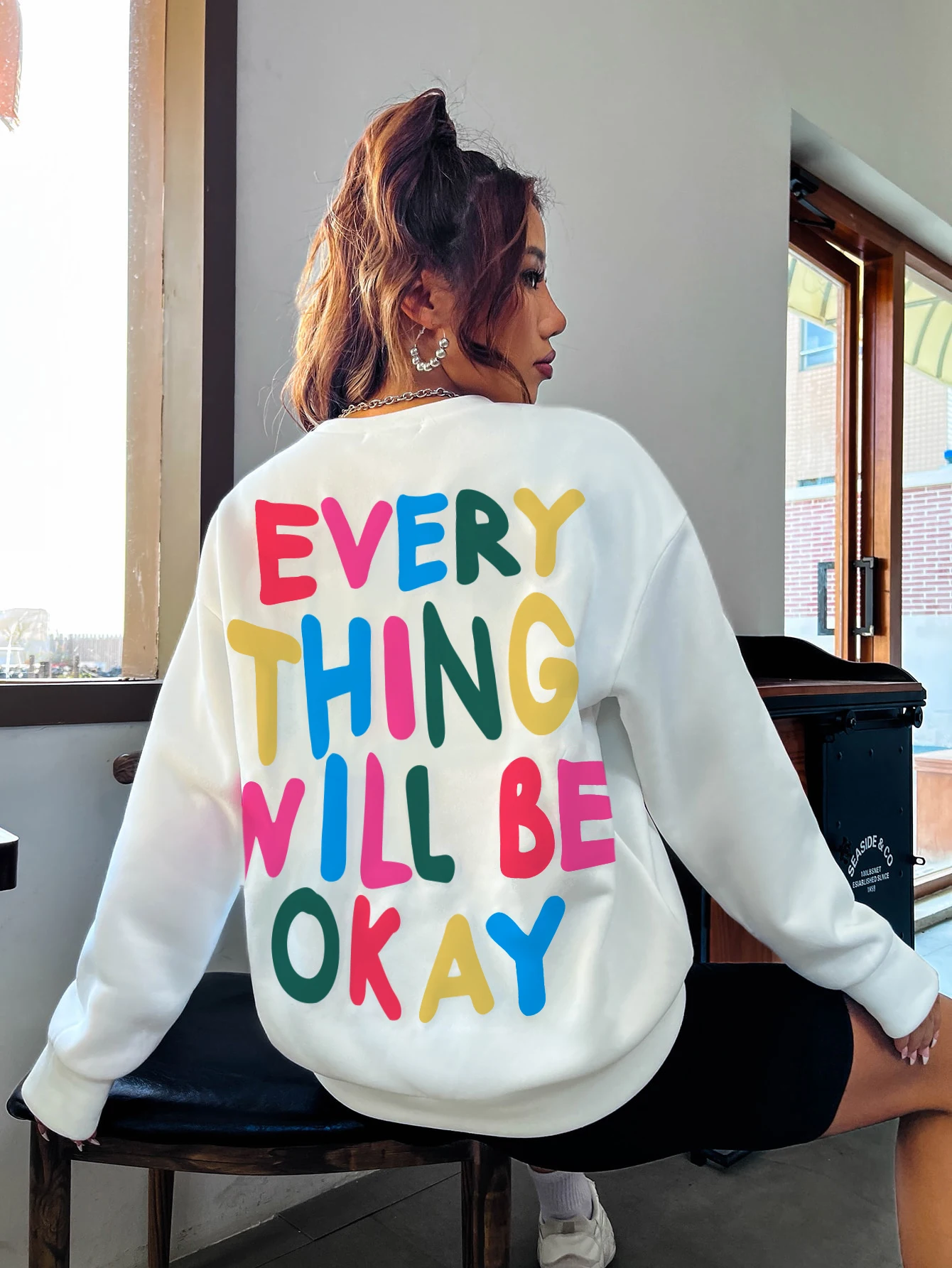 Fashion Womans Sweatshirt Everything Will Be Okay Letter Printed Pullover Loose Warm Crewneck Hoodies Casual Female Clothing - Image 5