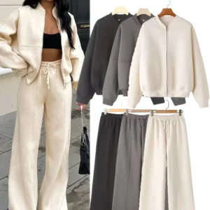 TRAFZA Women's 2-piece Retro Solid Color Zipper Bomber Jacket Sweatshirt + High-waisted Lace-up Women's Loose Velvet Pants Suit