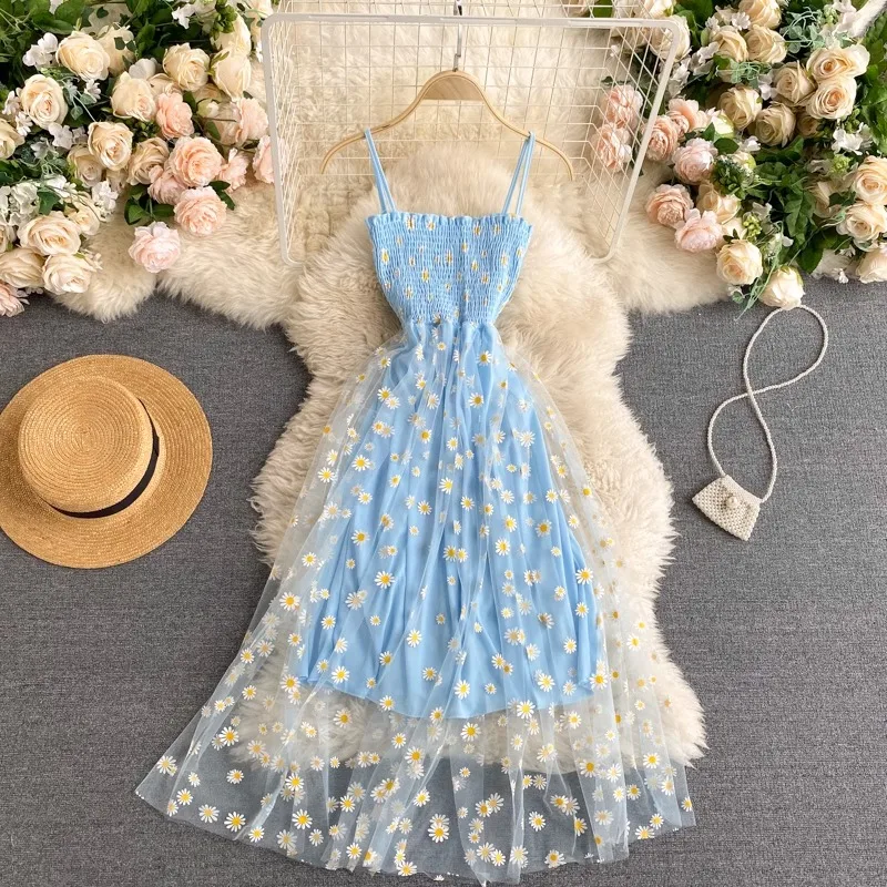 YuooMuoo Women Dress 2024 New Korean Fashion Floral Print Spaghetti Straps Mesh Party Dress Vacation Style Lady Beach Vestidos - Image 4