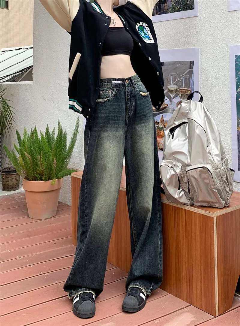 Women's Harajuku Style Loose Wide Leg Jeans Autumn Winter Street Fashion Retro Straight Loose Denim Trousers - Image 3