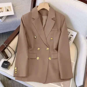 Korean Fashion Elegant Suit Coat Office Lady Long Sleeve Double-breasted Women's Jacket Solid Brown Straight Blazer for Women
