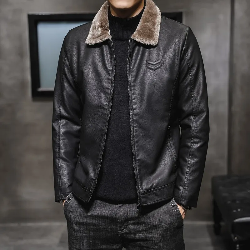New Men's Leather Jacket Autumn and Winter Lapel Collar Middle-aged and Elderly Men's Clothing with Thick Velvet and Trend - Image 2