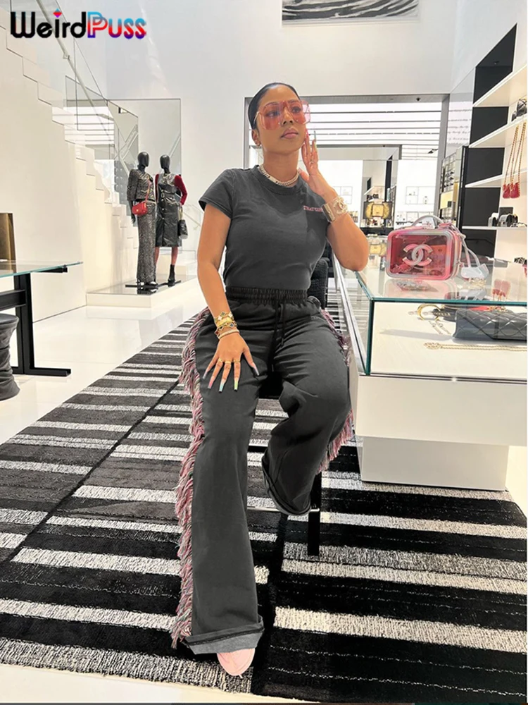 Weird Puss Casual Women 2 Piece Set Tracksuit Sporty Letter Embroidery Crop Tops+Side Tassel Straight Pants Matching Streetwear - Image 5