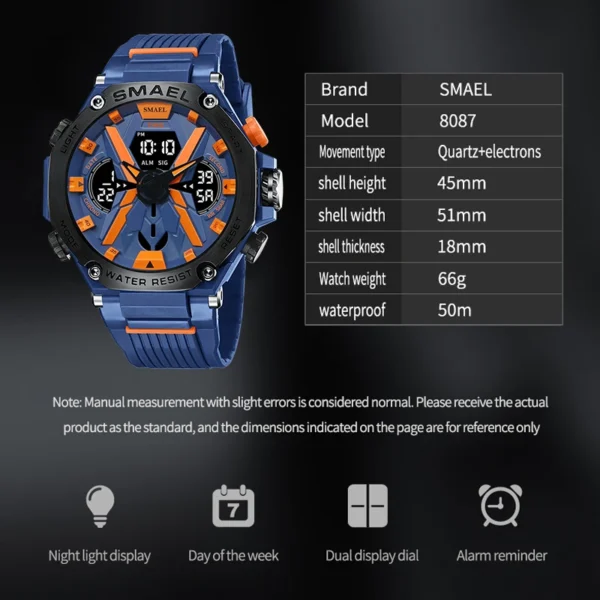 Men Watches Quartz SMAEL Brand Original Wristwatches 50M Waterproof Wristwatch Time Alarm Clock 8087 Sport Watch Military Army