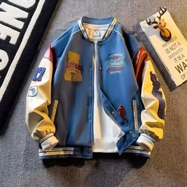 2024 New Spring Men's Woolen Jacket Embroidered Vintage Style Korean Trendy Baseball Uniform Patchwork Leather Coat - Image 2