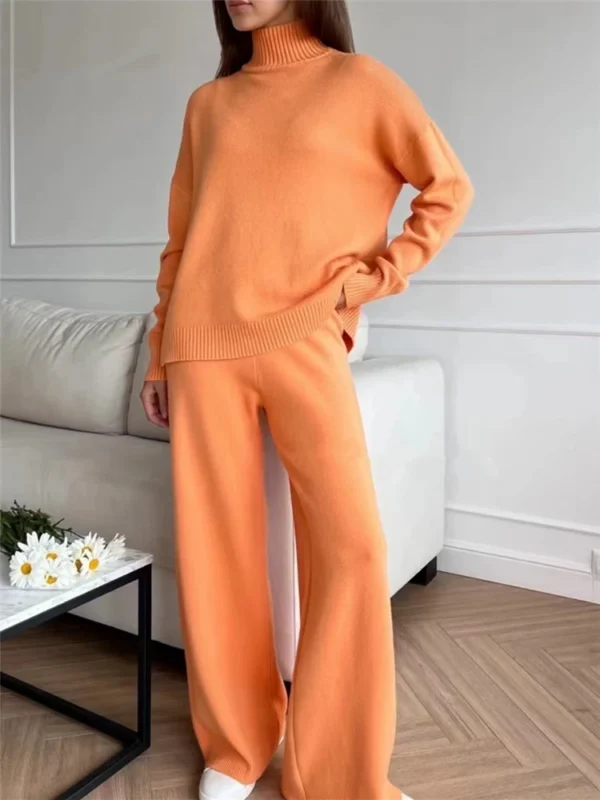 Autumn Winter 2 Pieces Women Sets Knitted Tracksuit Turtleneck Sweater and Straight Jogging Pants Suits - Image 6