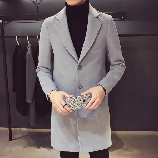Autumn and Winter Slim Fit Long Wool Coat for Men's Single Breasted Lapel, Street Fashion Business Trench Coat for Men Clothing - Image 4